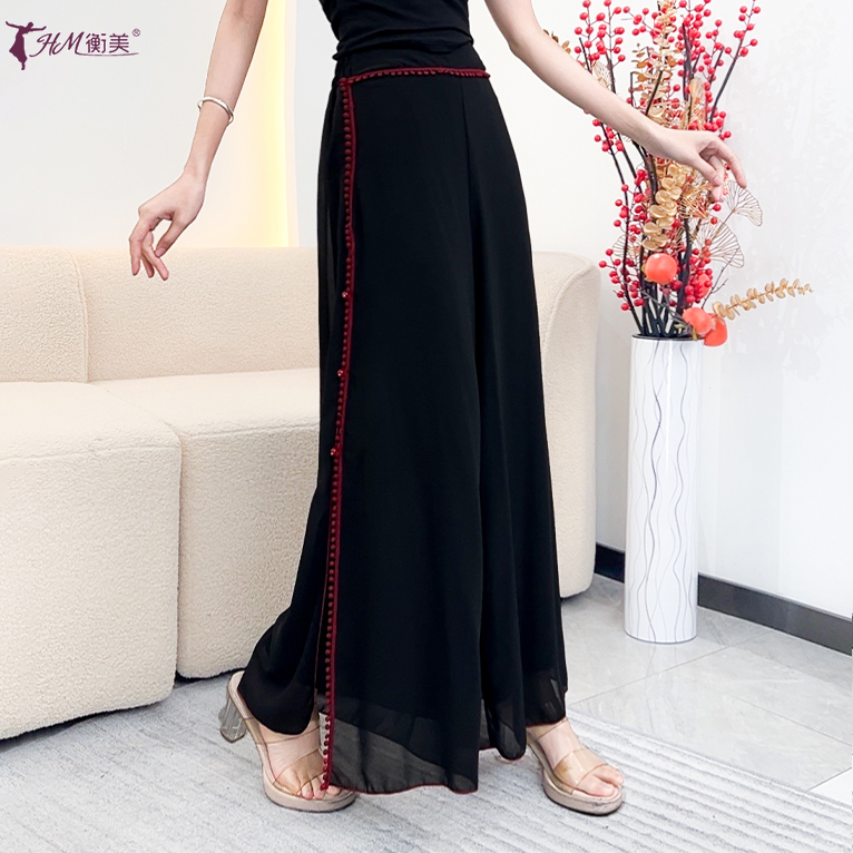 2025新款古典舞宽松双层珍珠雪纺阔腿裤女成人中国民族舞演出服裤