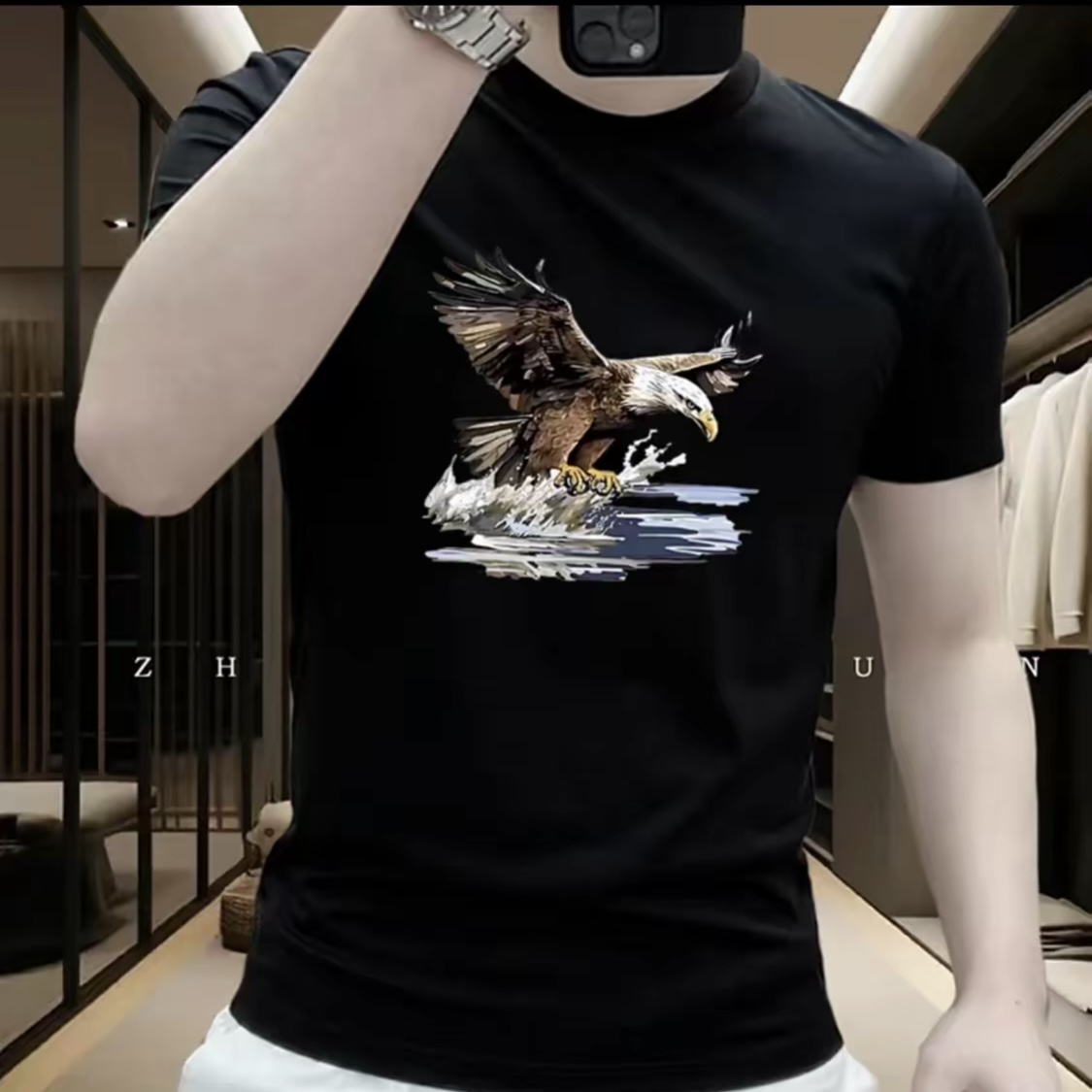 国潮夏季新款简约休闲老鹰印花短袖t恤男圆领半袖百搭打底衫上衣