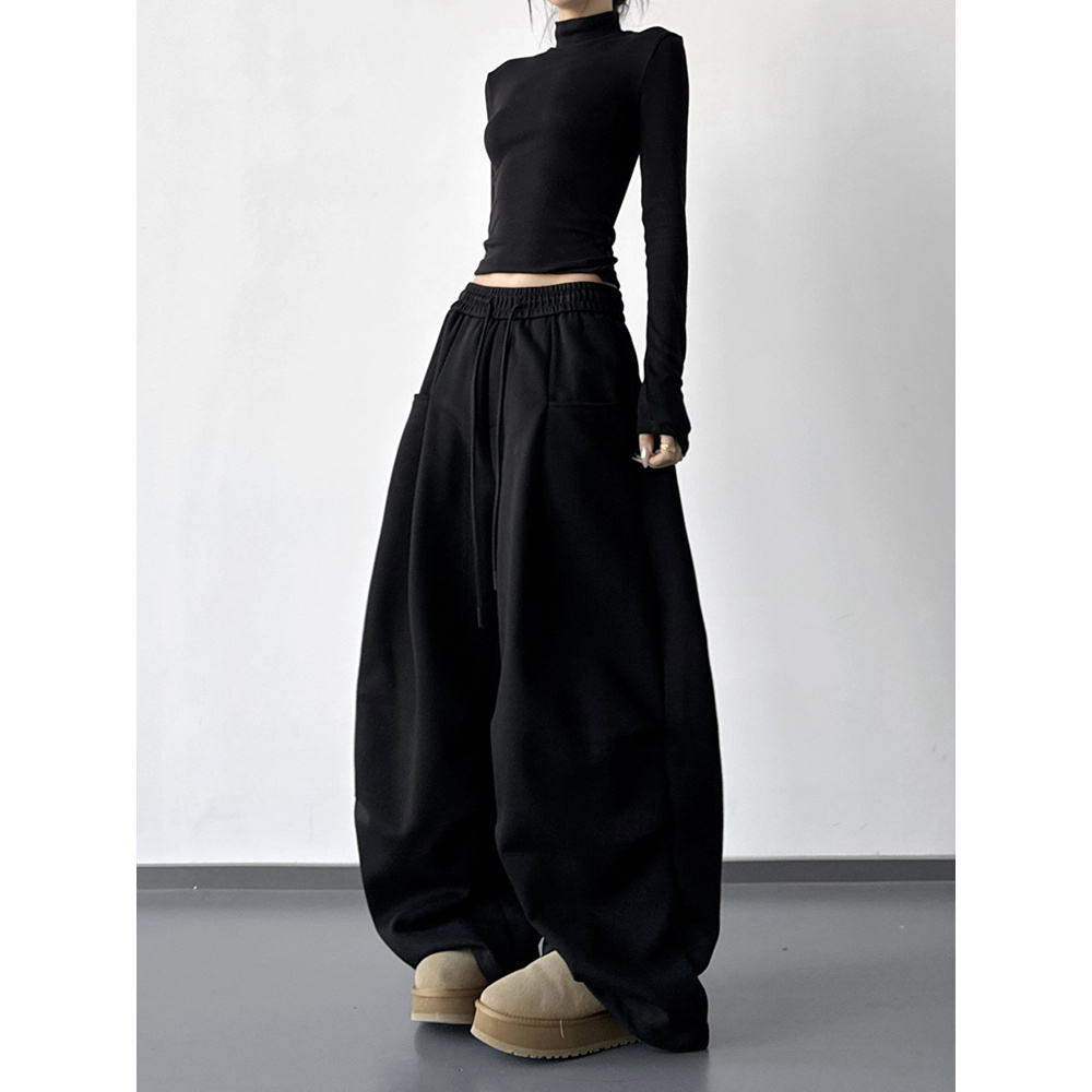 2025秋冬季新款黑色抽绳休闲裤女宽松舞蹈垂感阔腿裤秋装运动卫裤