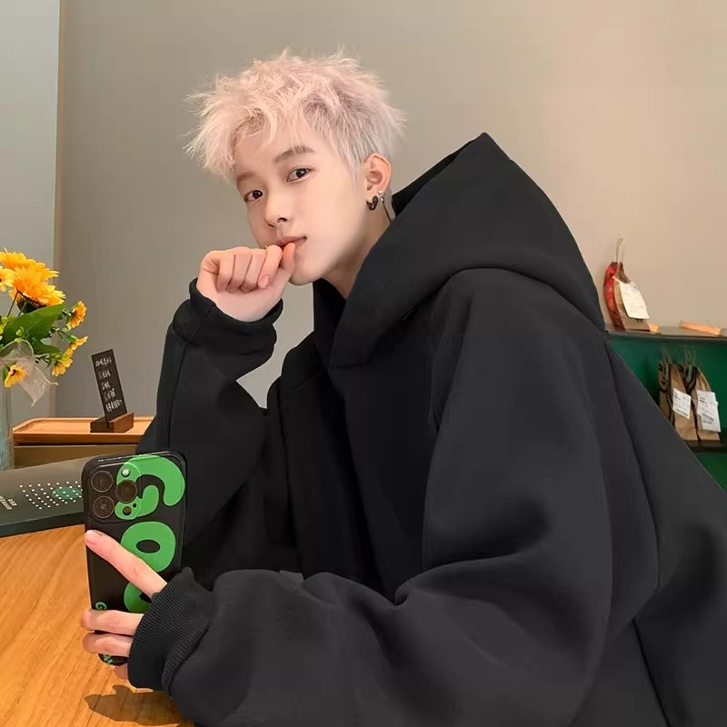 黑色600g重磅卫衣男硬挺春秋美式复古纯色连帽外套oversize情侣装