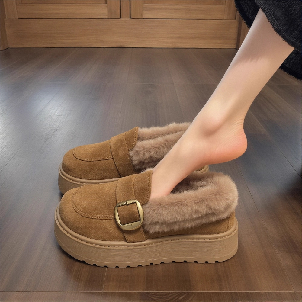 兔毛绒厚底雪地靴女款2025新款冬季皮带扣加绒保暖一脚蹬勃肯棉鞋