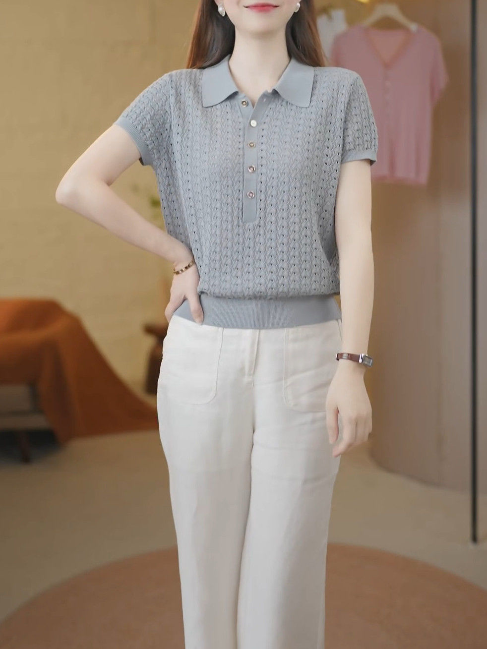 天丝+桑蚕丝夏季Polo领纯色镂空针织衫2025新款宽松百搭气质上衣