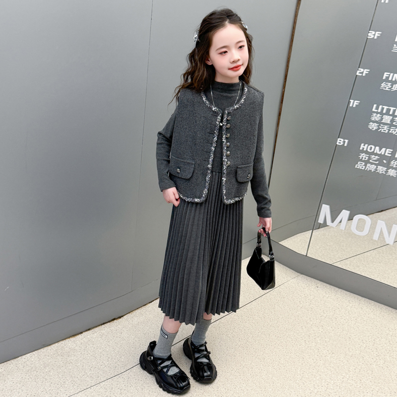 女童小香风套装2025新款春秋儿童时髦连衣裙中大童马甲百褶裙春装