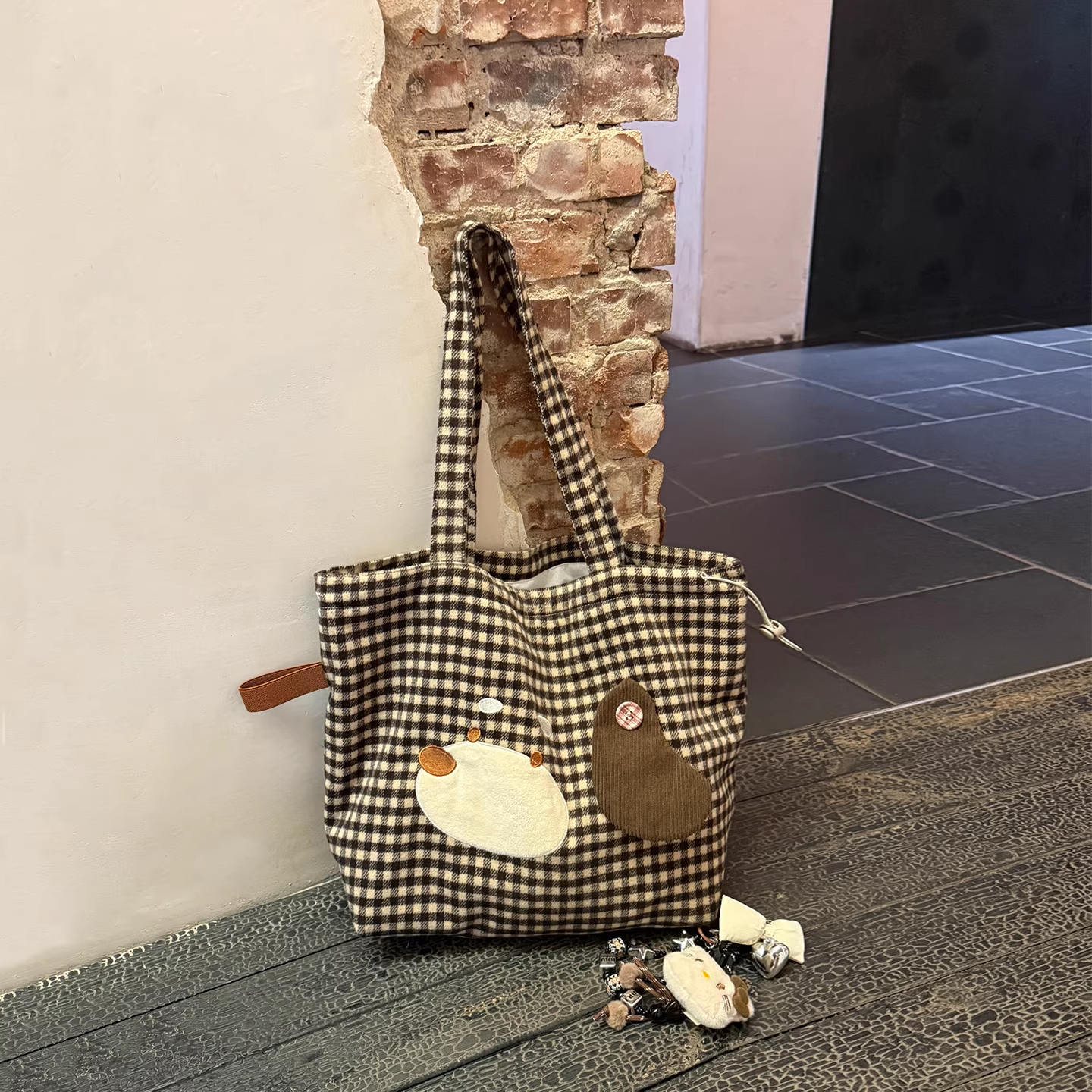 毛呢格子单肩帆布包女2025新款大容量卡通通勤手提托特包购物袋