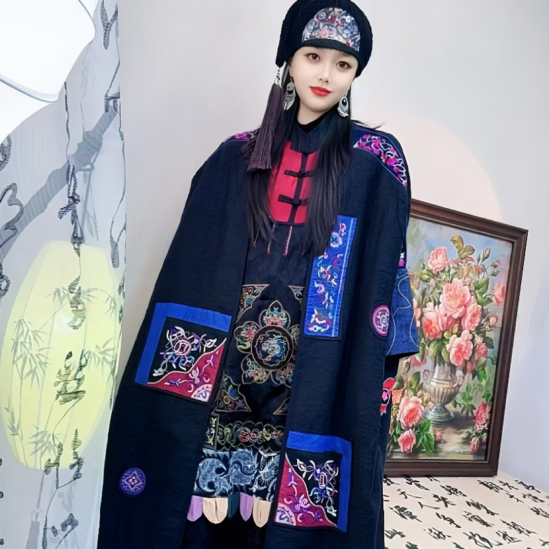 秋冬棉麻拼接女装民族风国风重工老绣长款风衣外套蜡染暗纹花上衣