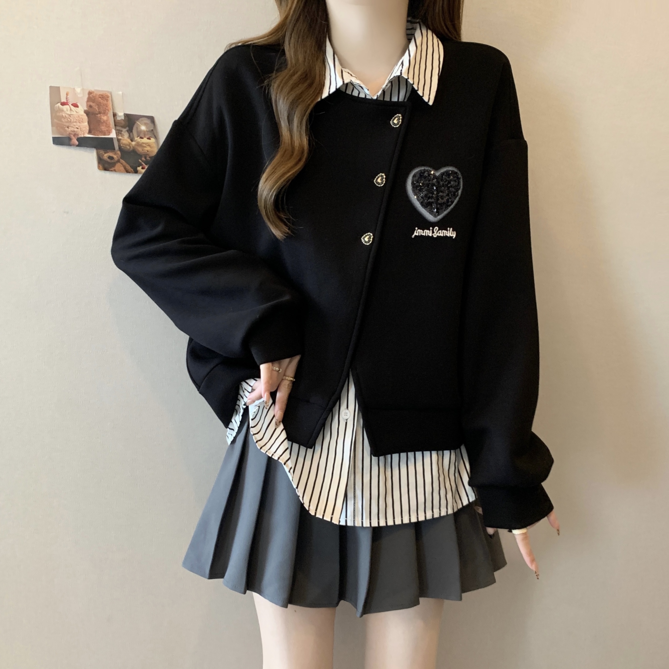 大码polo领条纹拼接衬衫卫衣女秋冬胖mm假两件松弛感穿搭宽松上衣