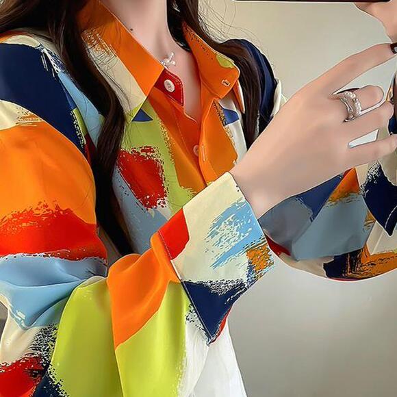 2025早春新款衬衫长袖上衣印花对比色衬衫女士大码宽松覆盖腹部雪