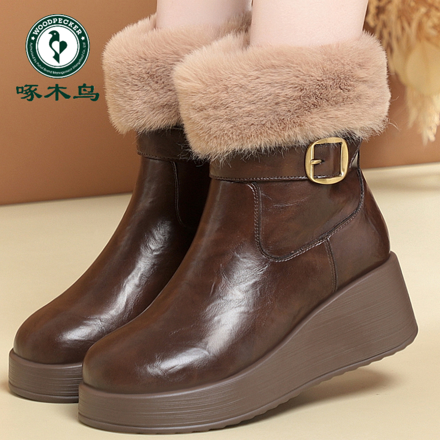 啄木鸟毛圈圈时尚女靴子厚底坡跟防滑短筒女鞋保暖加绒内里妈妈鞋