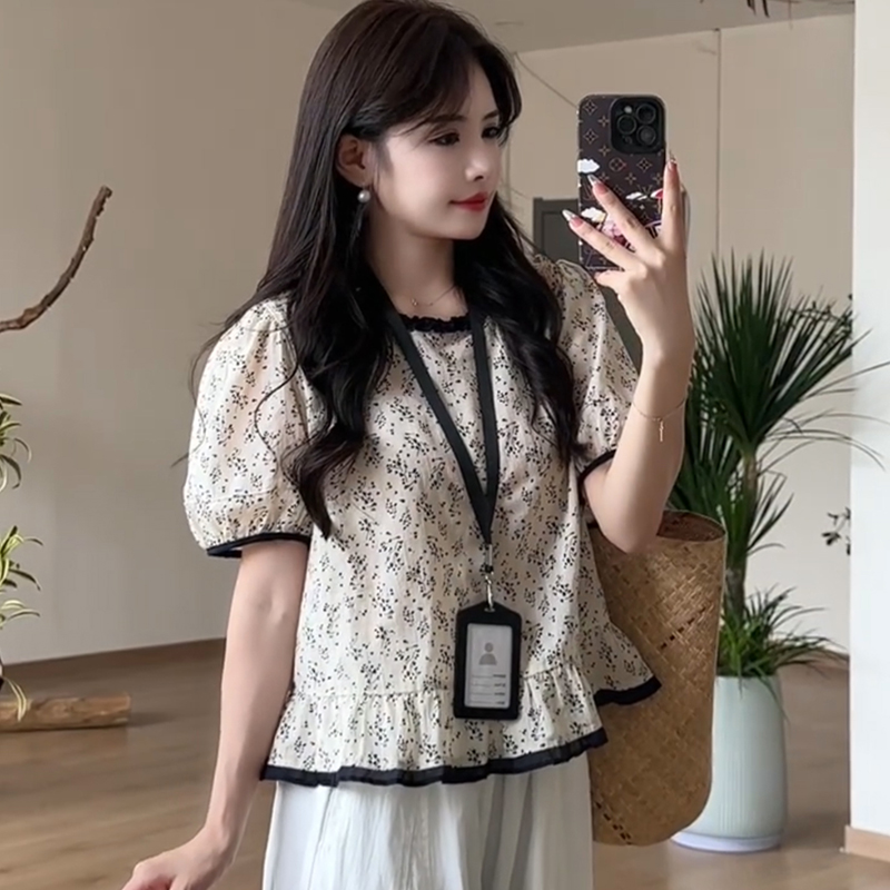 蕉内韩系撞色圆领套头复古小碎花短袖衬衣女夏新款泡泡袖百搭显瘦