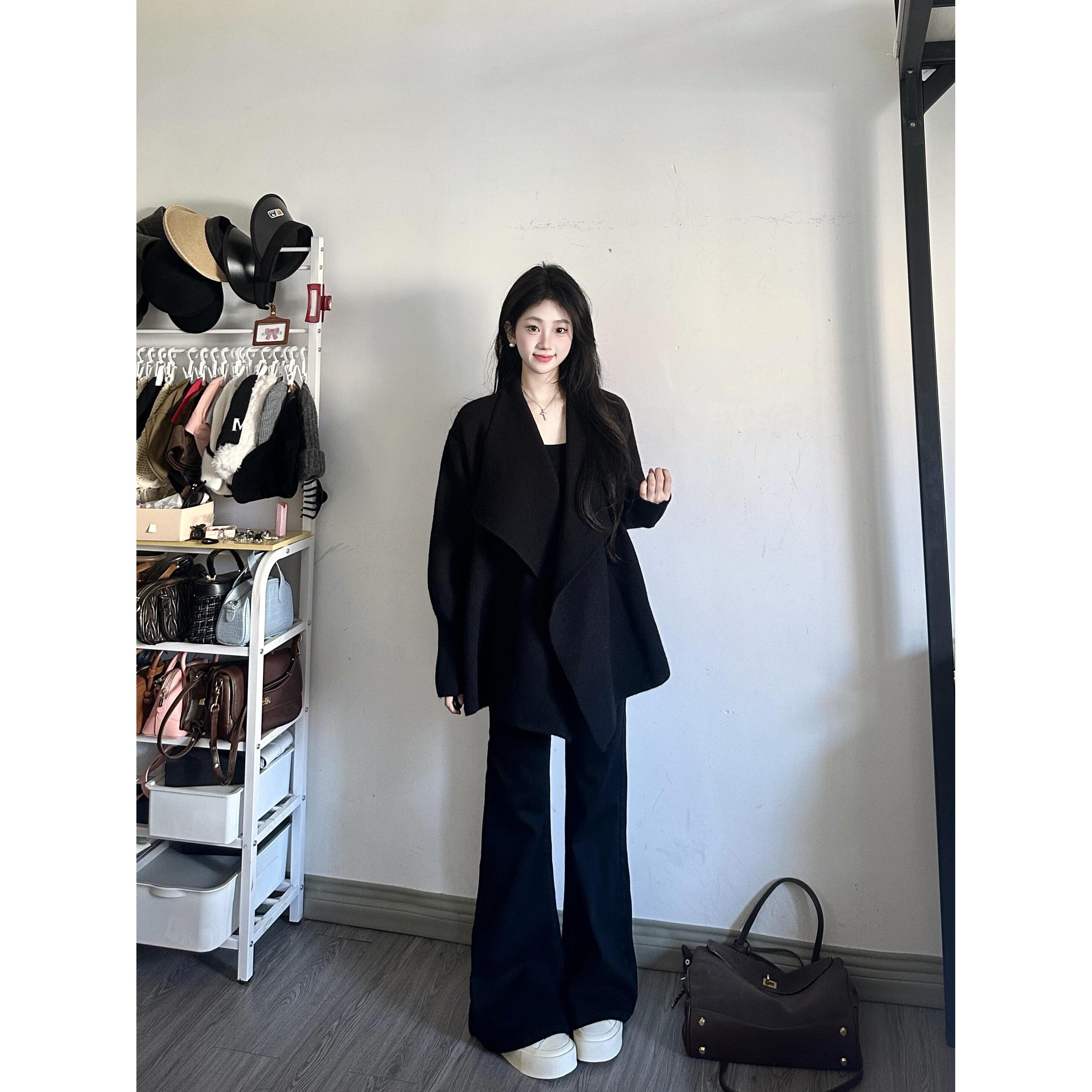 parkyeon秋季新款不规则黑色翻领外套上衣女高腰微喇牛仔裤套装