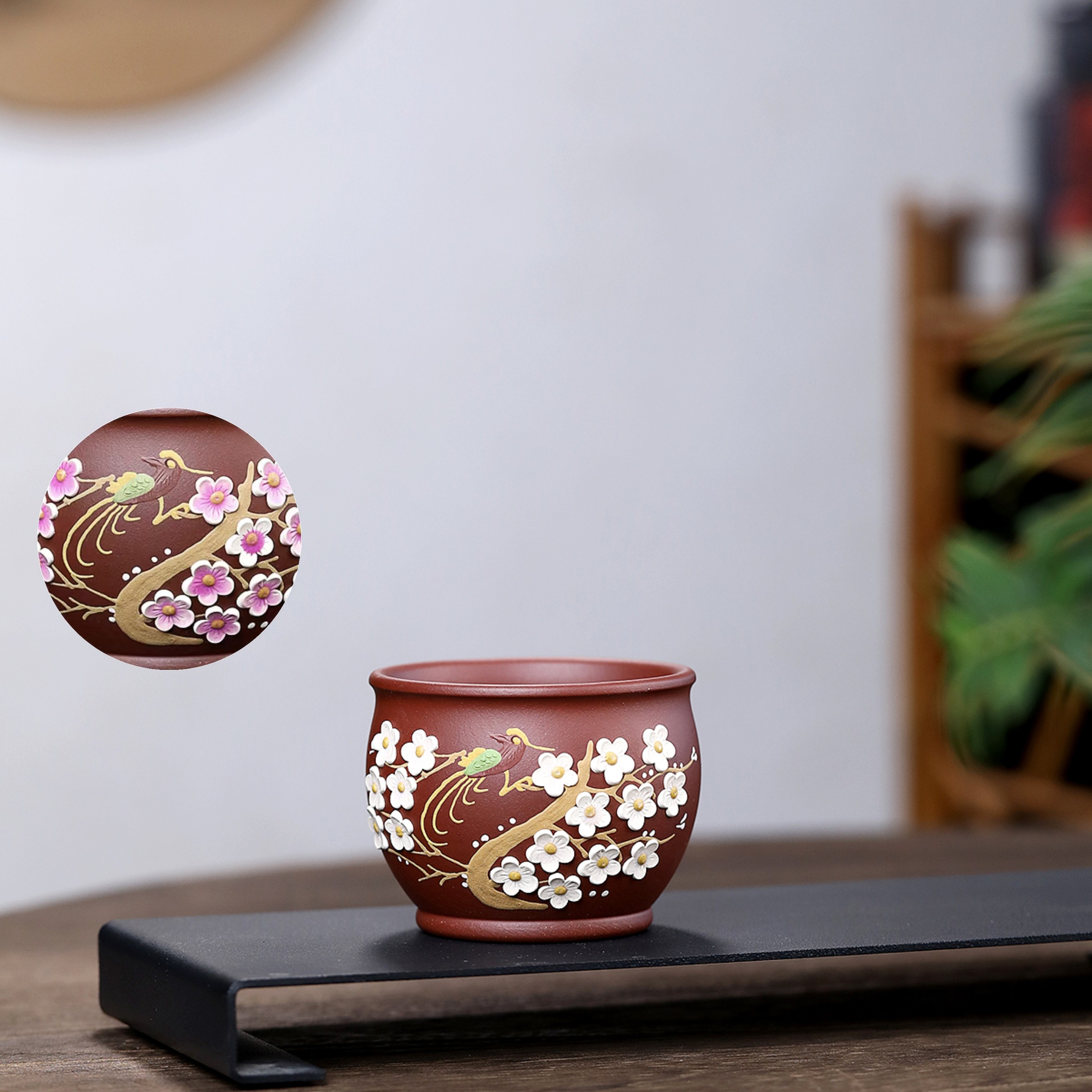 宜兴紫砂原矿龙血砂。泥绘喜上眉梢。双色主人杯紫砂杯泡茶杯茶具