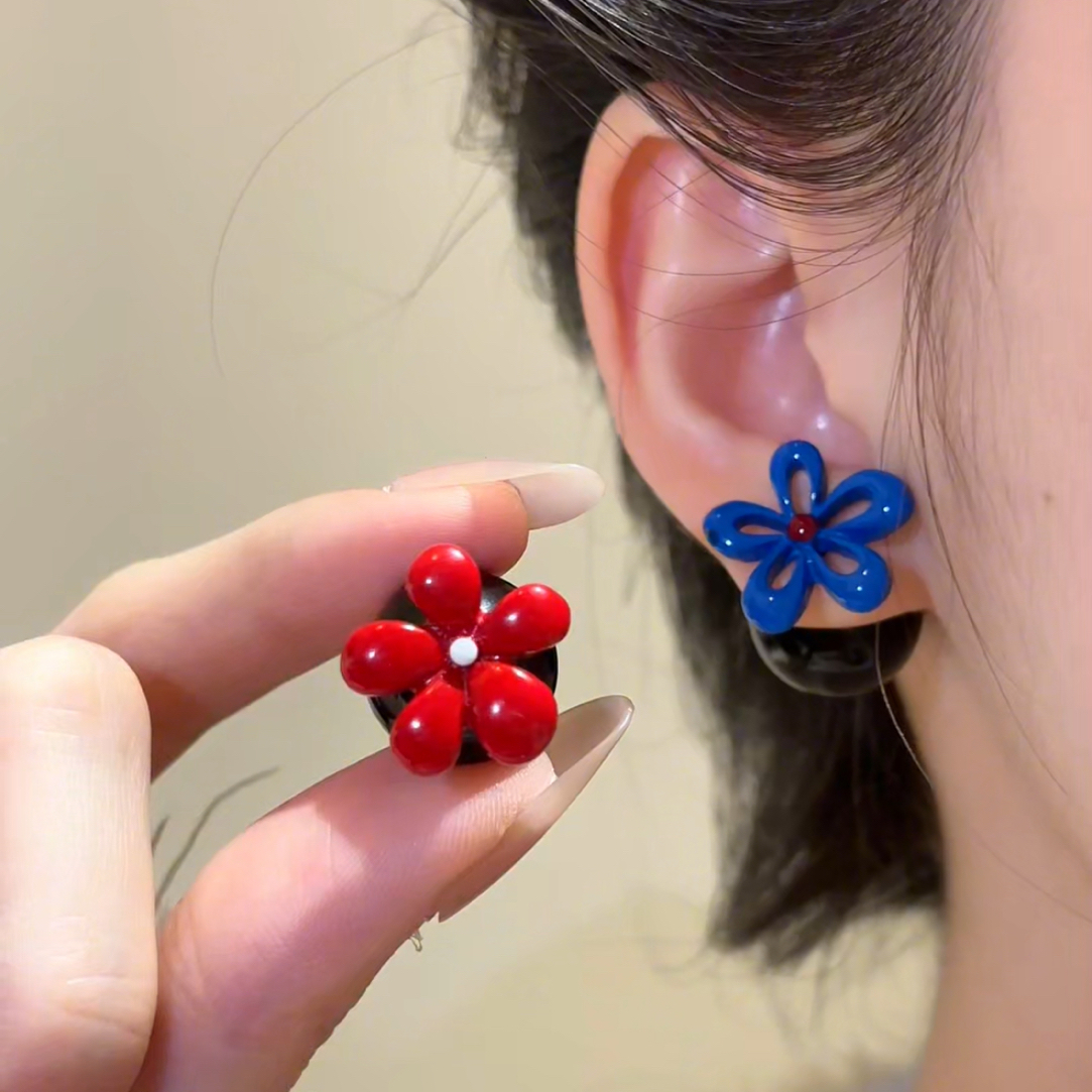 非金属仿珍珠耳饰 多巴胺撞色花朵耳钉甜美气质耳环时尚百搭小众i