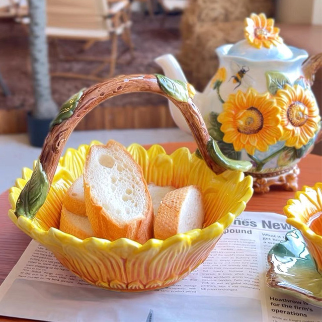 批发方亚陶瓷向日葵太阳花提篮水果碗精致家居茶几餐桌装饰瓷器美