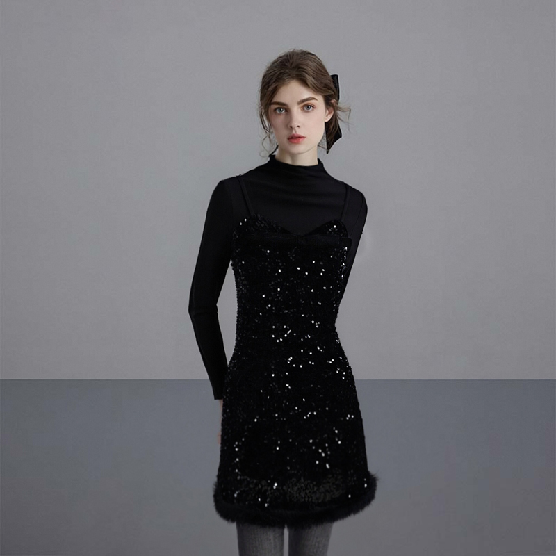 【有里布】秋冬富家千金感穿搭小香风假两件连衣裙时尚百搭QY0231