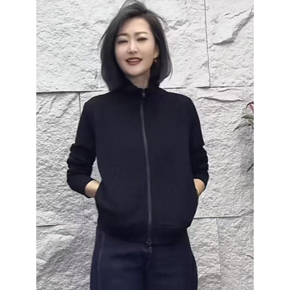 时尚黑色立领拉链卫衣女士2025秋季新款气质休闲百搭长袖开衫外套