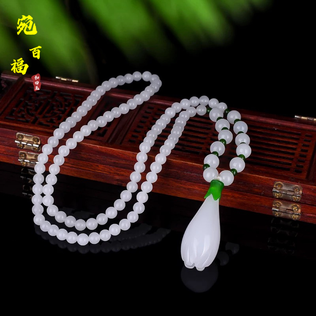 天然金丝玉玉兰花长款毛衣项链女款高级感玉石项链