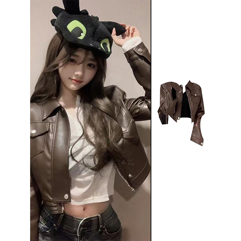 美拉德棕色短款pu皮衣外套女秋冬季爆款复古小个子气质机车服夹克