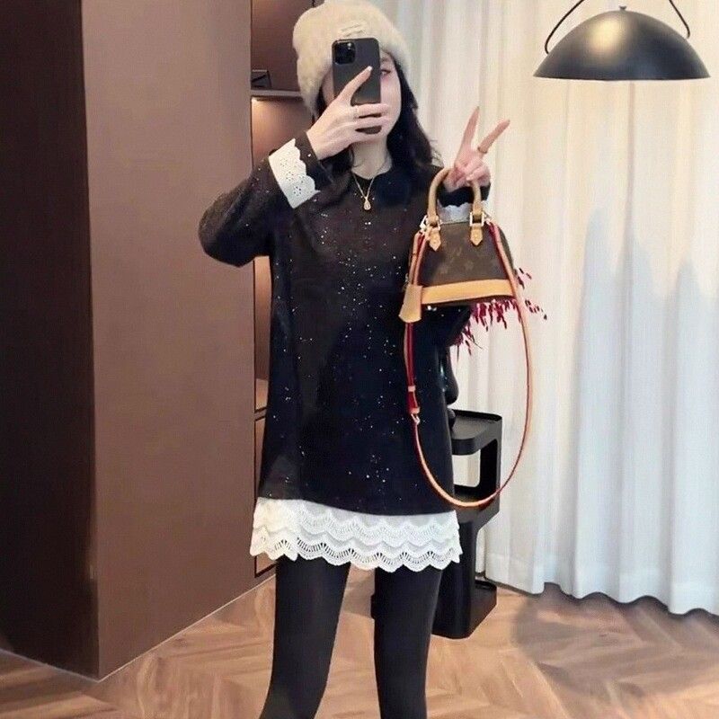2025秋冬气质减龄圆领宽松长袖T恤蕾丝设计感小众中长款女士上衣