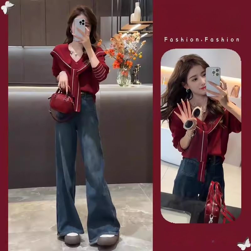 复古学院风时髦穿搭2025春秋新款海军领针织开衫直筒裤减龄两件套