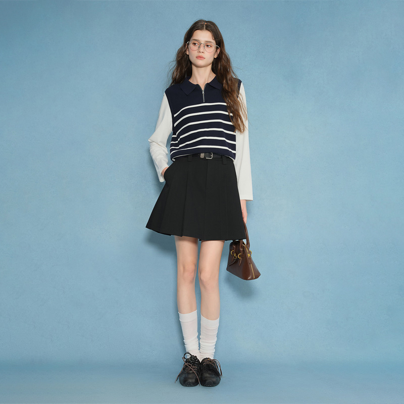 独束大码女装假两件拼接秋装新款Polo领半拉链条纹衫25DS83275