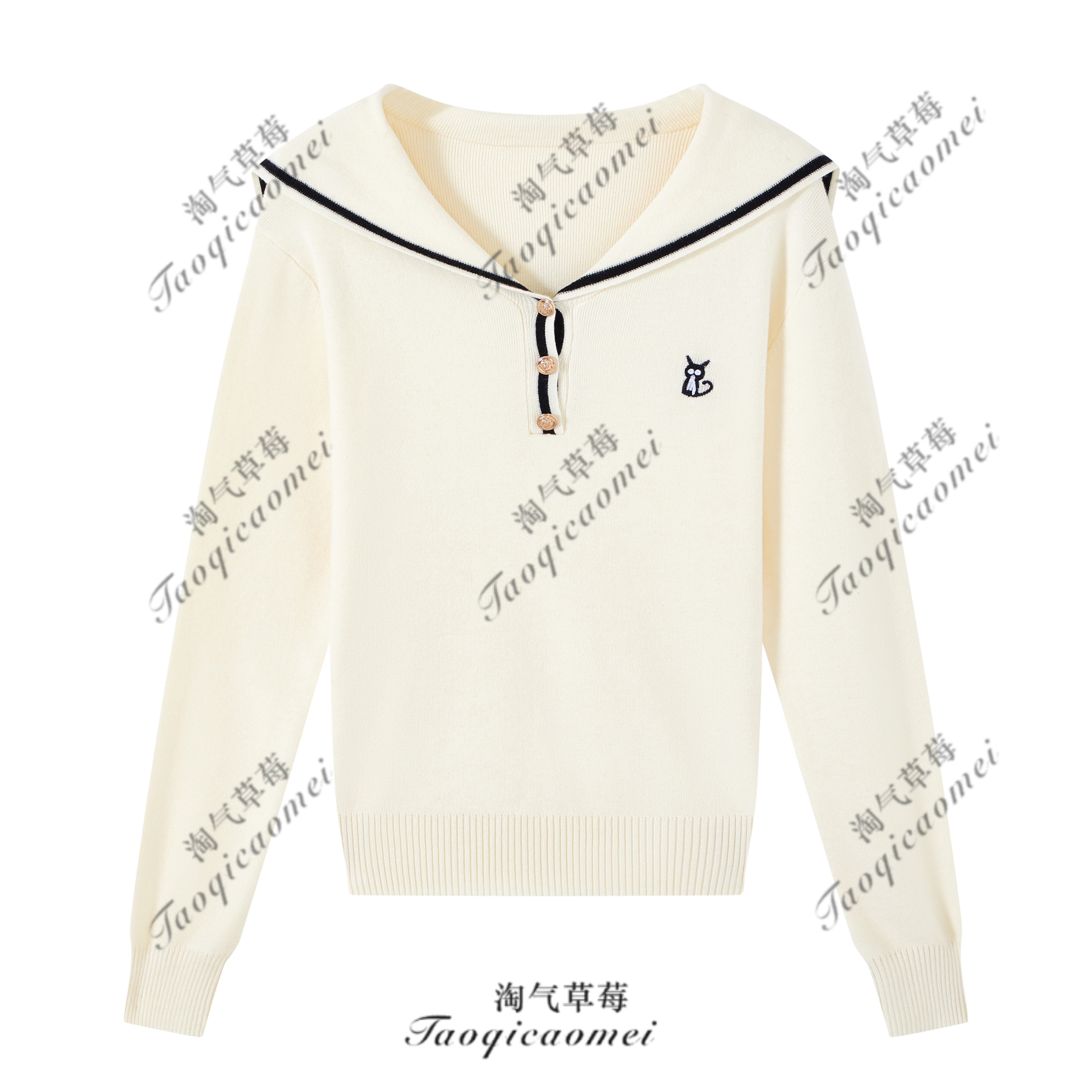 Taoqicaomei · 温柔风韩系气质撞色海军领刺绣针织衫秋冬