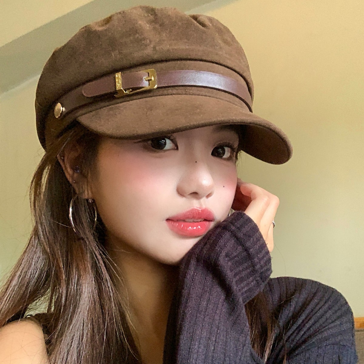 英伦风皮带扣平顶贝雷帽女时尚文艺复古百搭大头围显脸小画家帽子