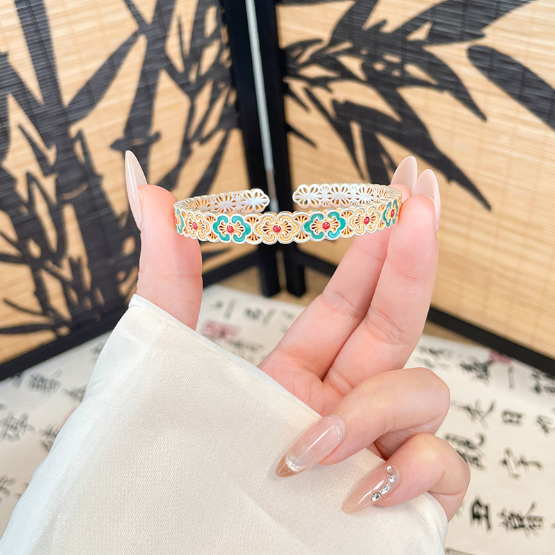 足银珐琅手镯 「花见青」足银999.9花丝手镯女描金珐琅彩银镯子七夕