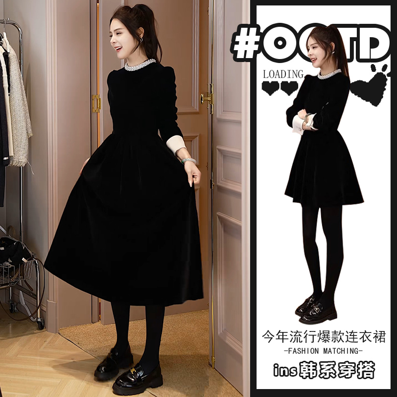 赫本风气质黑色中长款连衣裙女秋冬2025新款时尚百搭丝绒A字裙潮