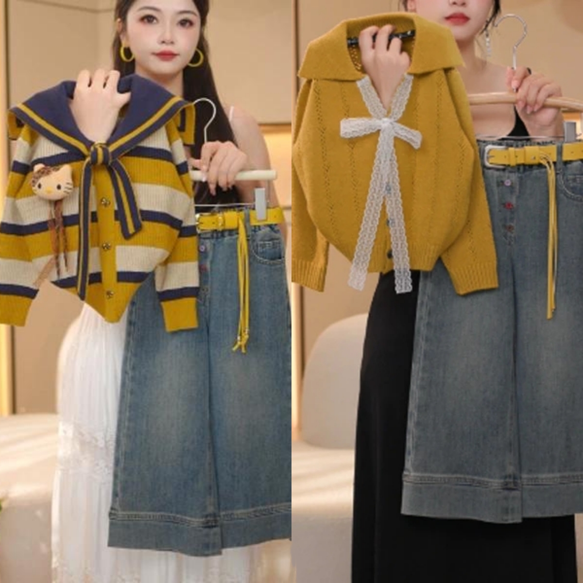 女童毛衣针织开衫牛仔裤秋季中大童百搭长袖上衣外套时髦两件套装