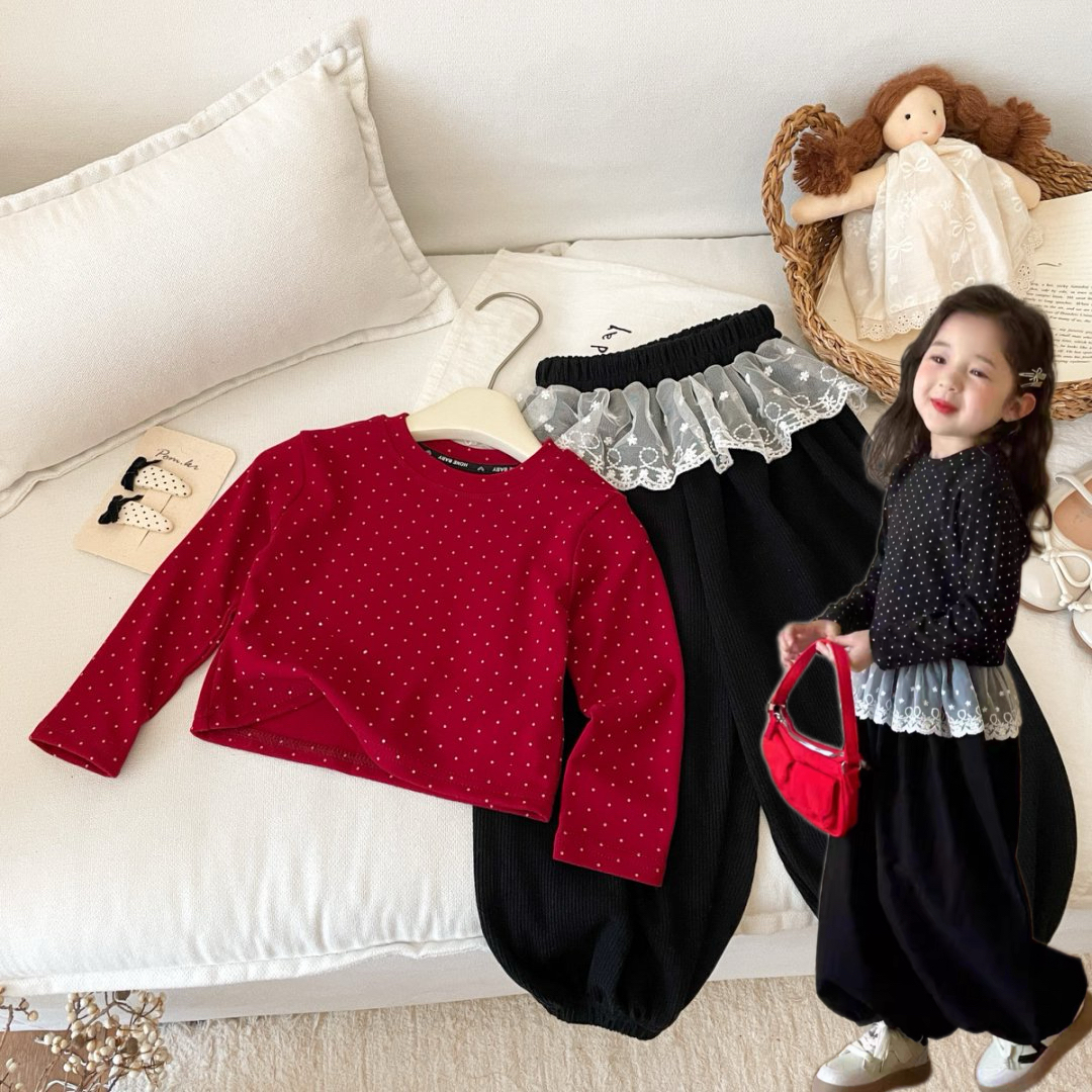 2025秋季新款女童圆点上衣小童蕾丝长裤圆领文艺外穿韩版休闲套装