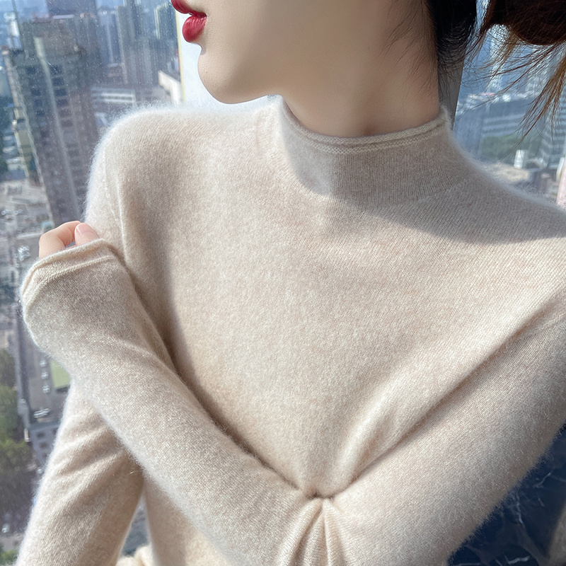 商场同款100％纯羊绒衫女卷边半高领2025秋冬套头内搭针织打底衫