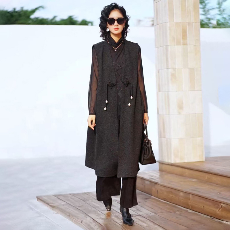 50205中式国风盘扣毛呢马甲秋冬高级感宽松大码长款坎肩马夹外搭