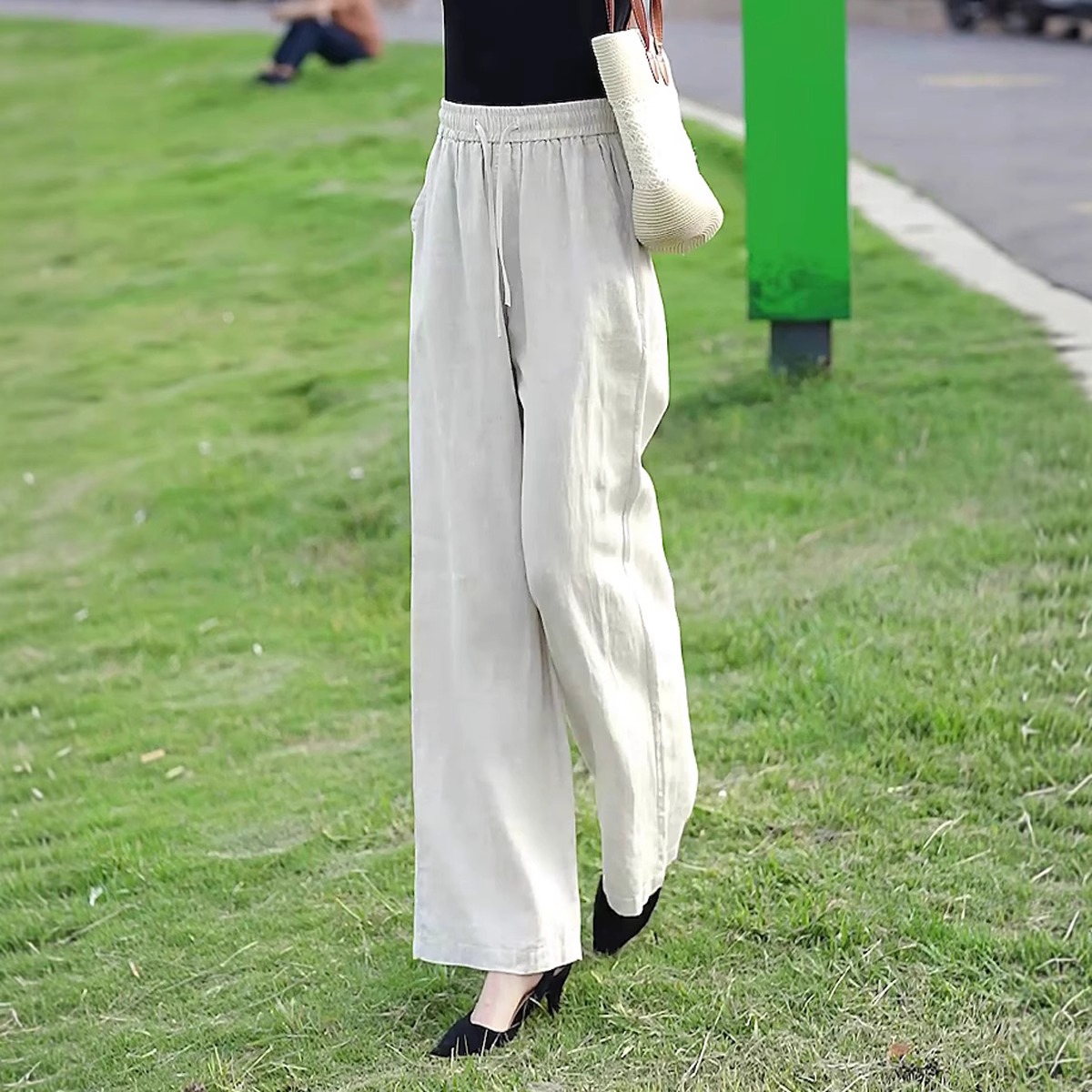 亚麻休闲阔腿裤女2025新款夏天松弛感裤子松紧腰宽松大码胖mm长裤
