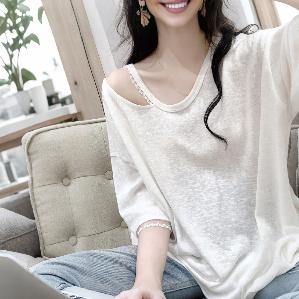 雪花棉露肩花边白色透气简约薄款T恤衫夏季宽松减龄百搭休闲上衣