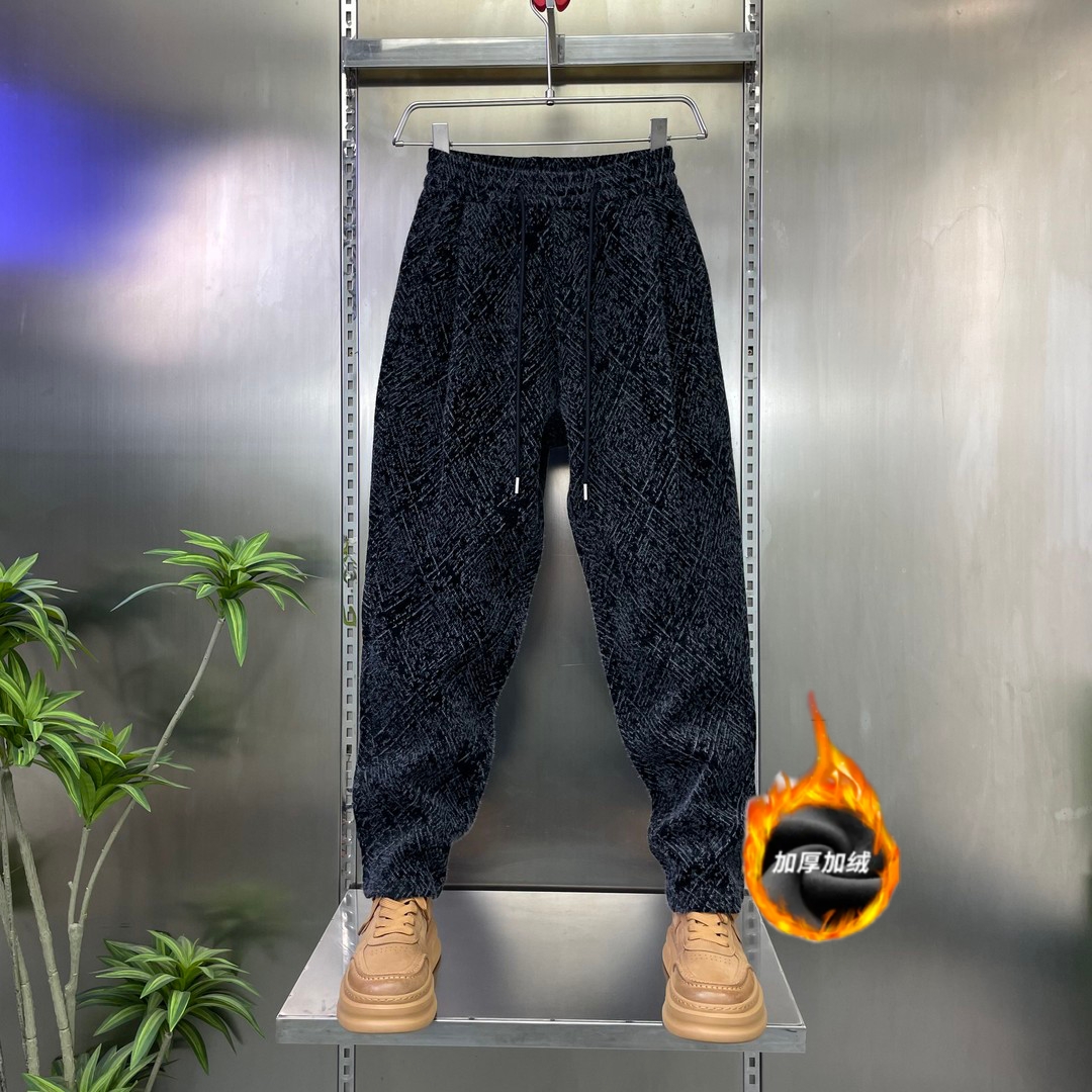 冬季潮流提花时尚微锥小直筒裤男保暖宽松加绒加厚抗风抗寒休闲裤