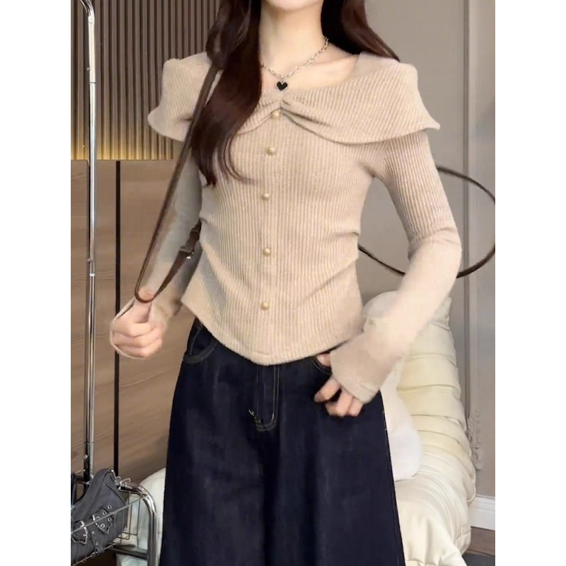 法式气质设计感褶皱荷叶边长袖t恤女秋季纯欲风独特漂亮收腰上衣