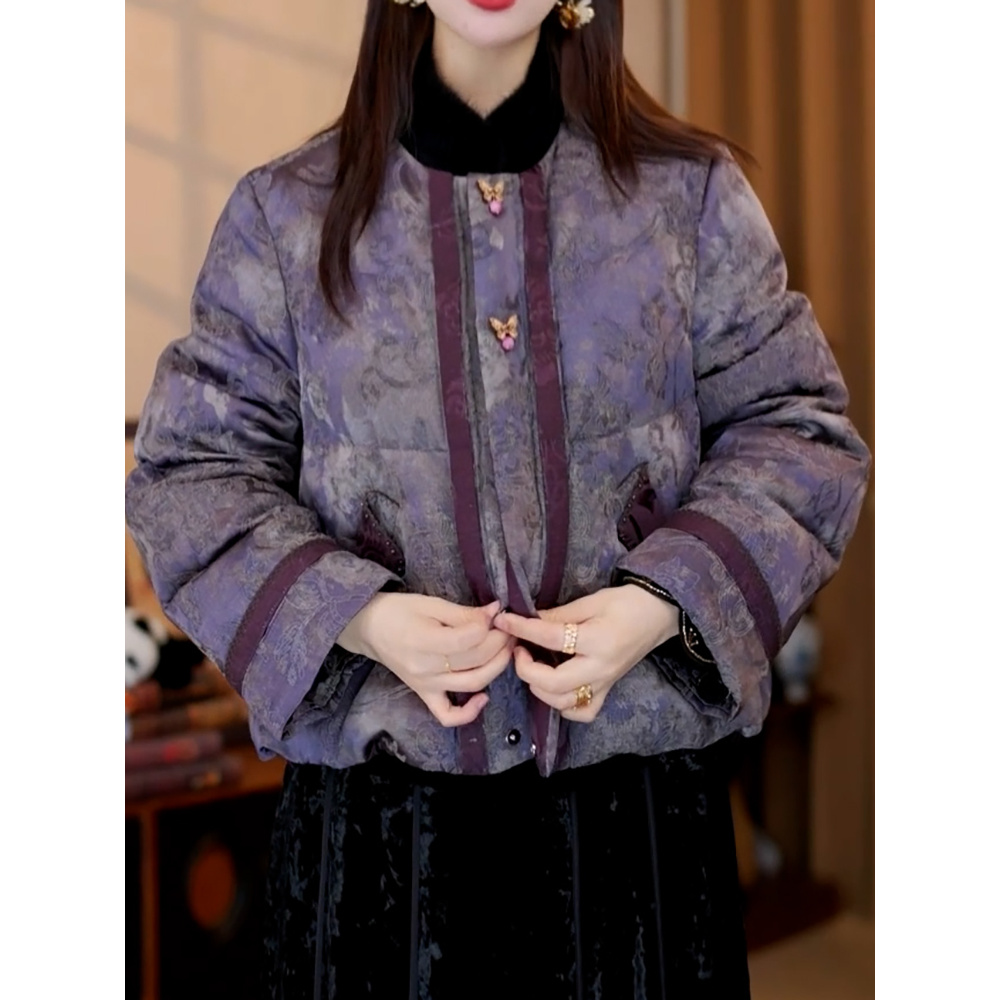 复古小众文艺风印花长袖羽绒服2025冬季新款气质优雅圆领百搭外套