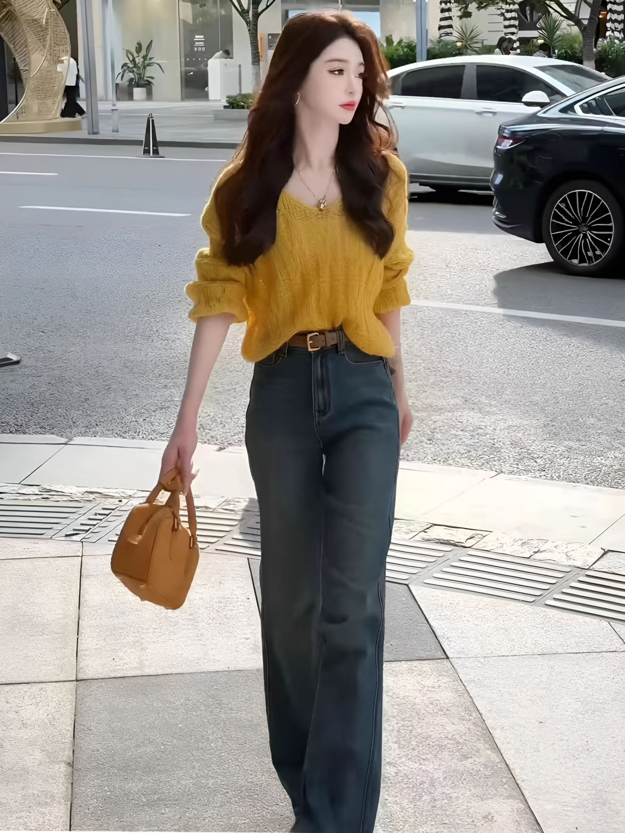韩系一整套ootd穿搭慵懒松弛感黄色v领毛衣牛仔裤两件套装女早秋