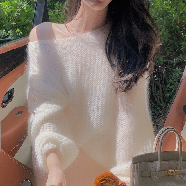 白色马海毛毛衣女2025秋冬套头宽松慵懒风镂空针织衫软糯薄款上衣