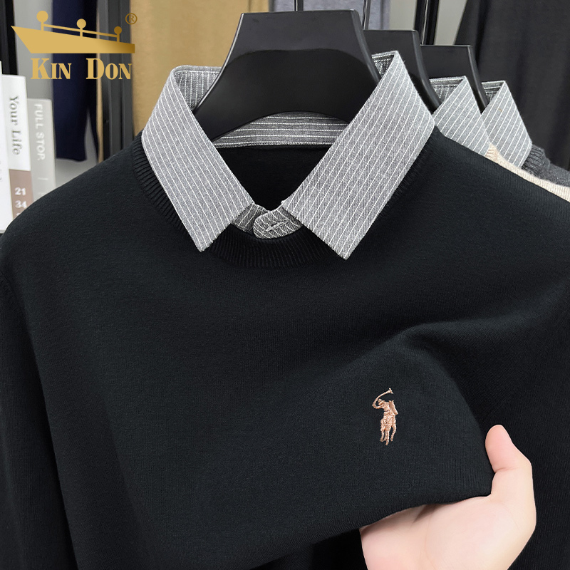 金盾轻奢刺绣休闲男士百搭衬衫领绵羊毛毛衣针织衫长袖打底假两件