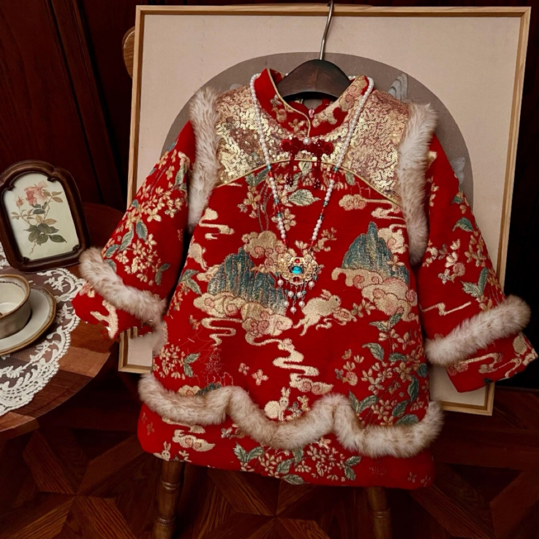 冬季旗袍小女孩加厚洋气红色拜年服冬款女宝加绒国风中式公主女童