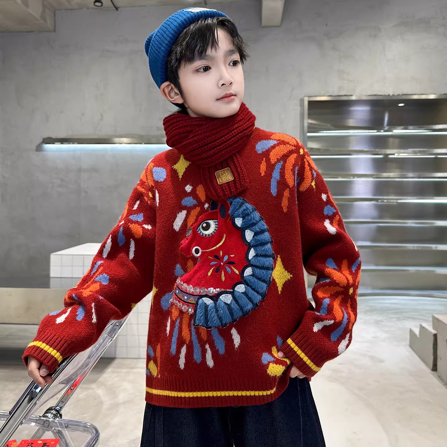 男童加厚红色毛衣冬季2026新款儿童中大童本命马年秋冬过新年衣服