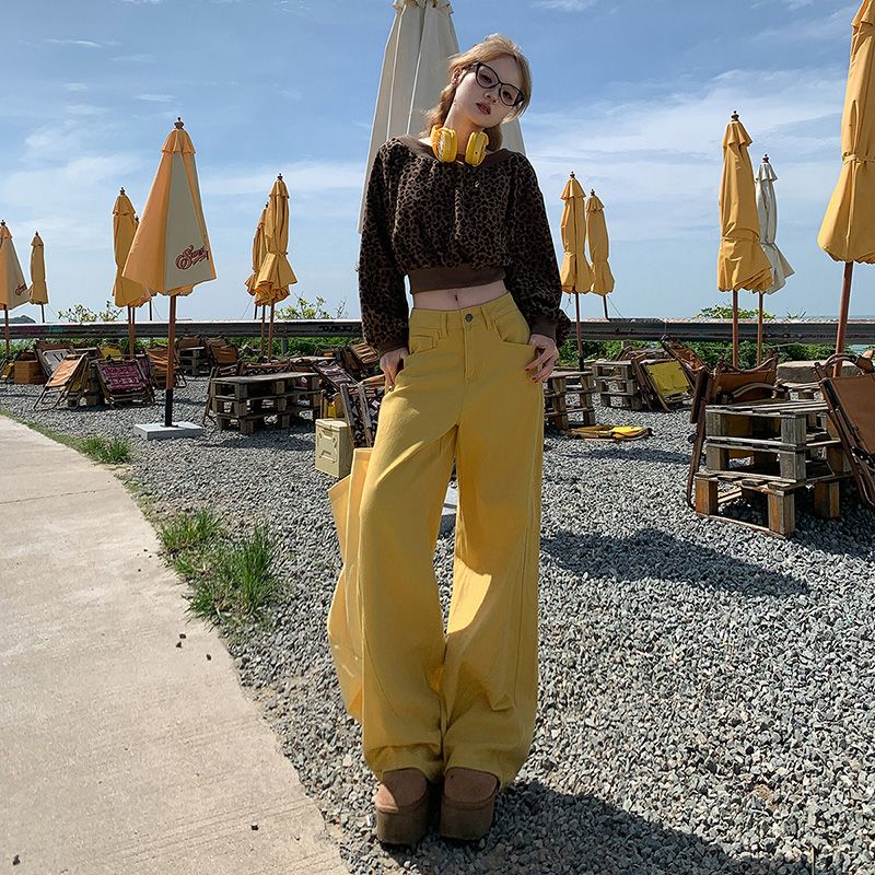 艺品兰秋季新款宽松直筒设计感镰刀裤高腰阔腿裤树叶黄拖地牛仔裤