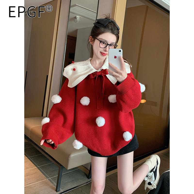 EPGF红色新年娃娃领毛衣女2025新款冬季加厚设计感小众重工针织衫