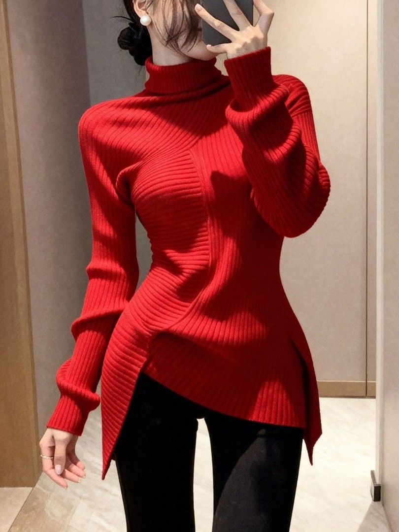 高级感气质不规则设计感红色针织衫2025冬新款高领圣诞漂亮毛衣