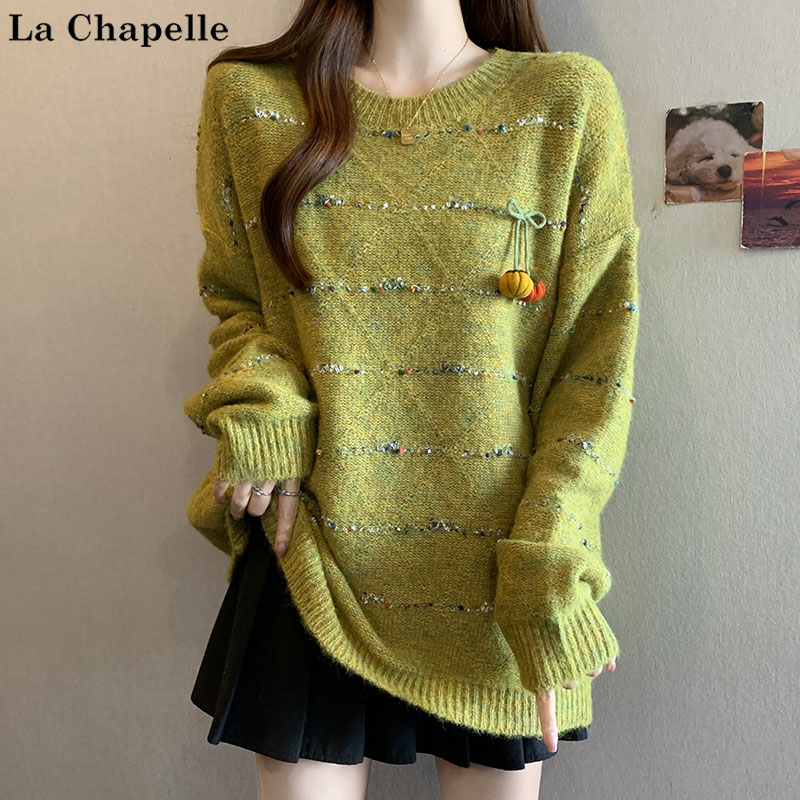 拉夏贝尔秋冬软糯毛衣设计感亮丝条纹针织衫上衣女装洋气百搭毛衣