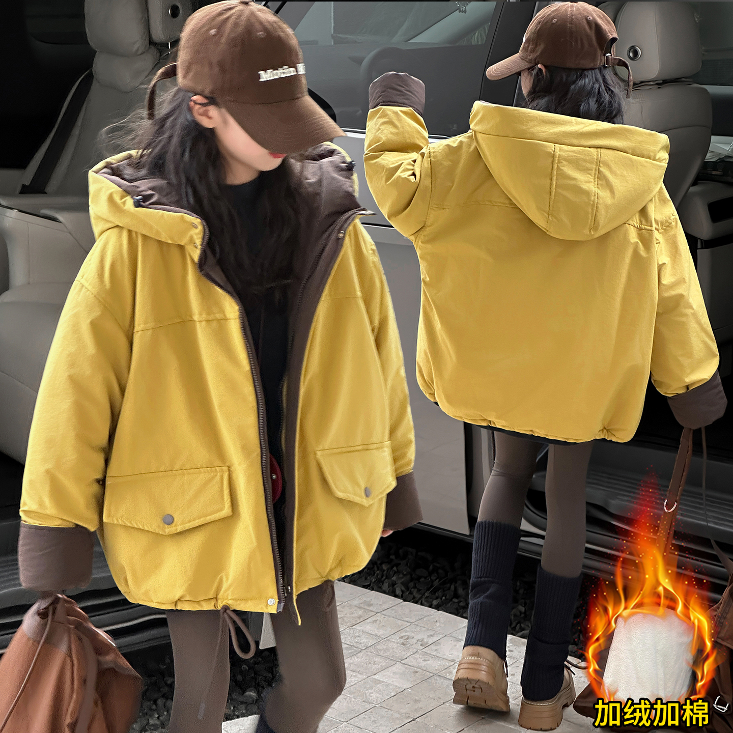 女童冬季加绒加棉外套2025新款儿童洋气加厚棉衣中大童夹棉派克服