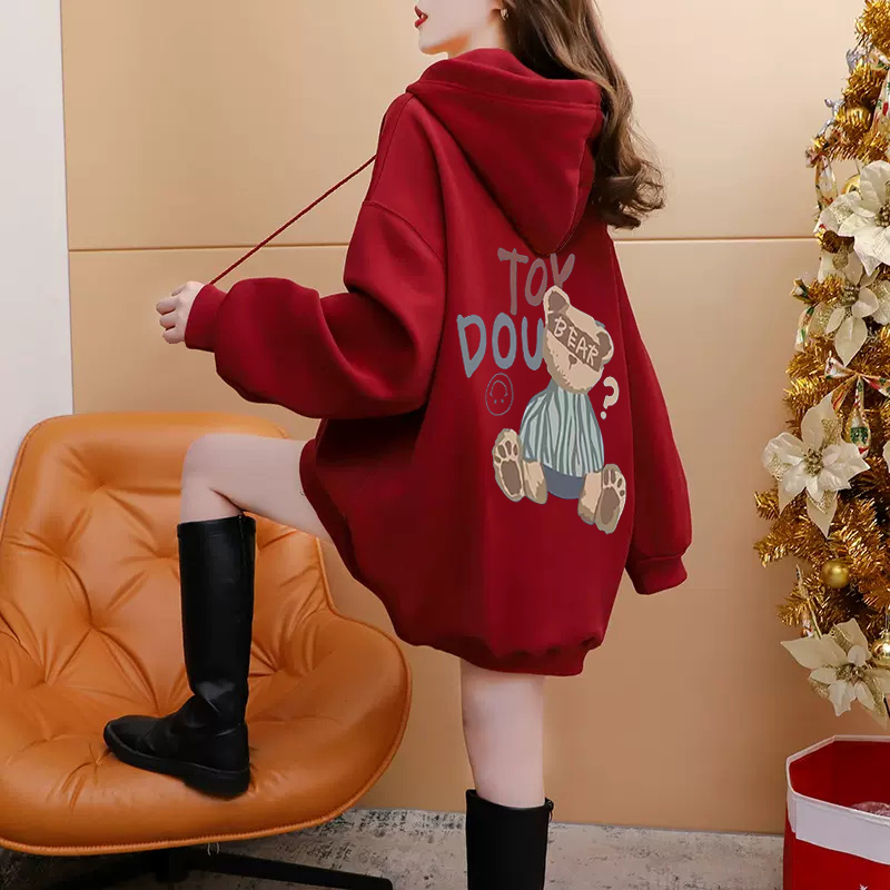 大码连帽卫衣女2025春秋新款加绒加厚美式洋气显瘦宽松酒红色上衣