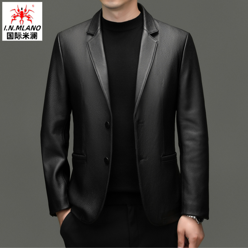 商务休闲修身西服海宁皮夹克男皮衣男头层秋冬季新款男士西装外套