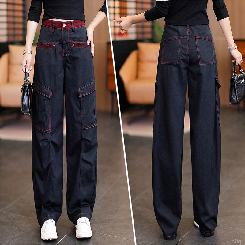 设计感爆款撞色小个子九分2025新款秋季工装女裤直筒阔腿裤弯刀裤